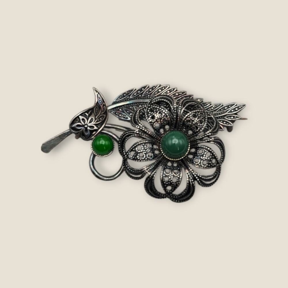 Green Cabochon Floral Filigree Brooch Marked Spain - Old World Romance